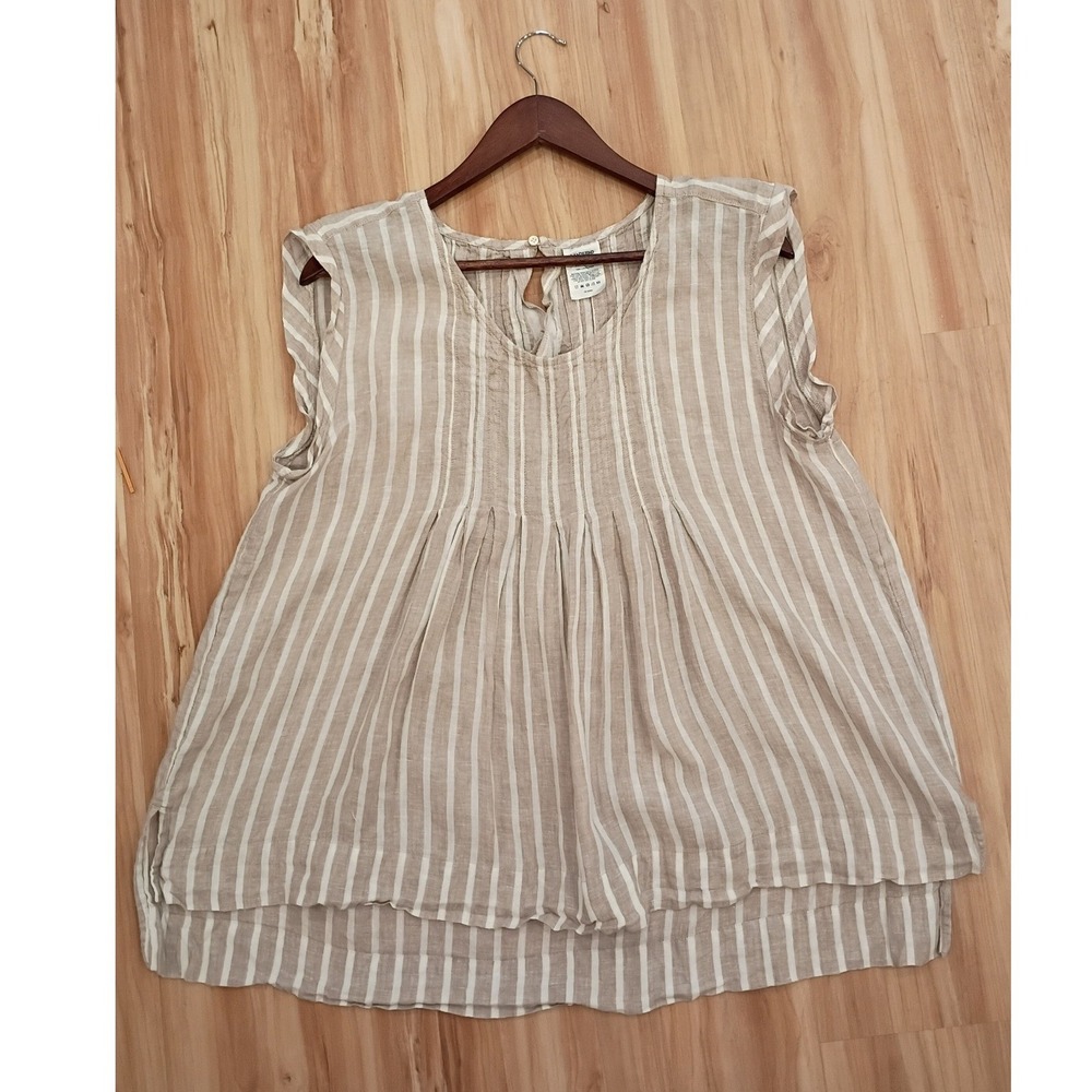 Lands End Womens 100% Linen Striped Pintuck Sleeveless Blouse Tan White Size 12